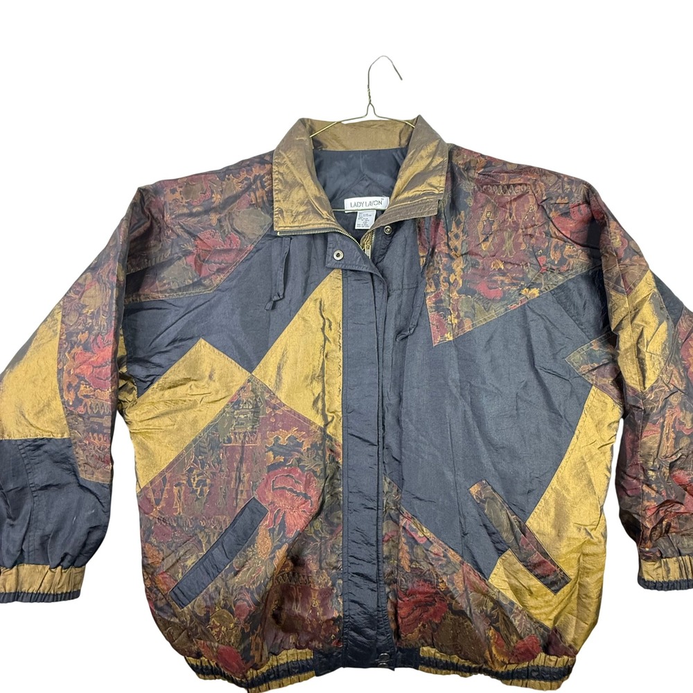 Lady Lavon Vintage 90s Colorblock Floral Windbreaker Jacket Gold Black 1X
